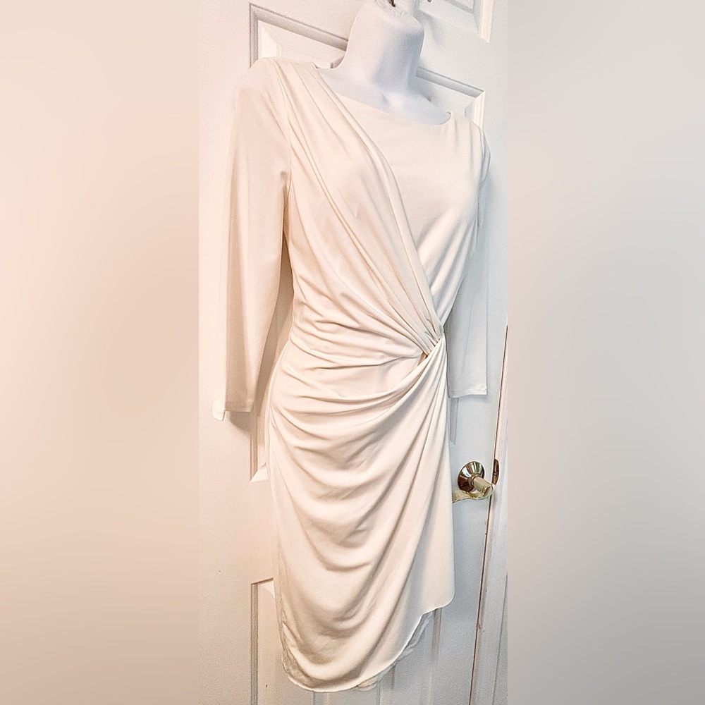 Draped Front Ivory Women's Long Sleeve Dress